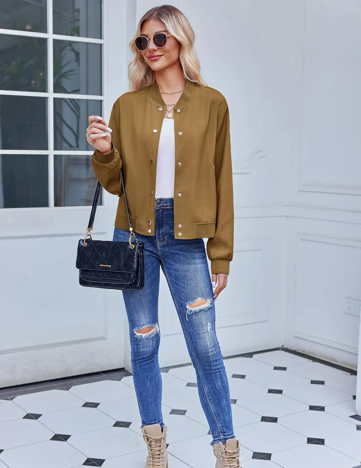 Zeagoo Women's Bomber Jacket Casual Striped Button Down Coat