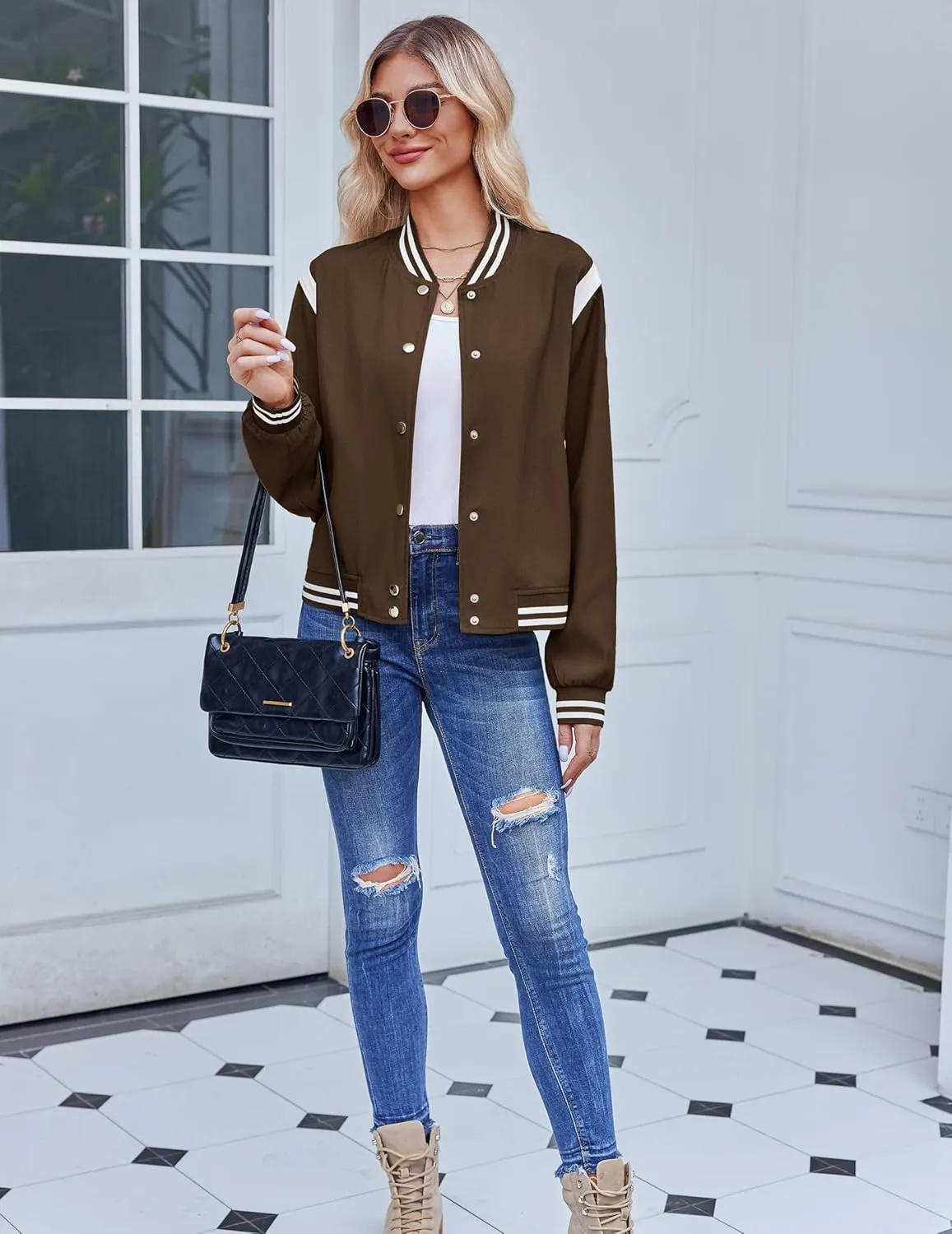 Zeagoo Women's Bomber Jacket Casual Striped Button Down Coat