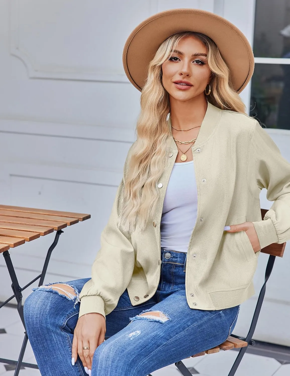 Zeagoo Women's Bomber Jacket Casual Striped Button Down Coat