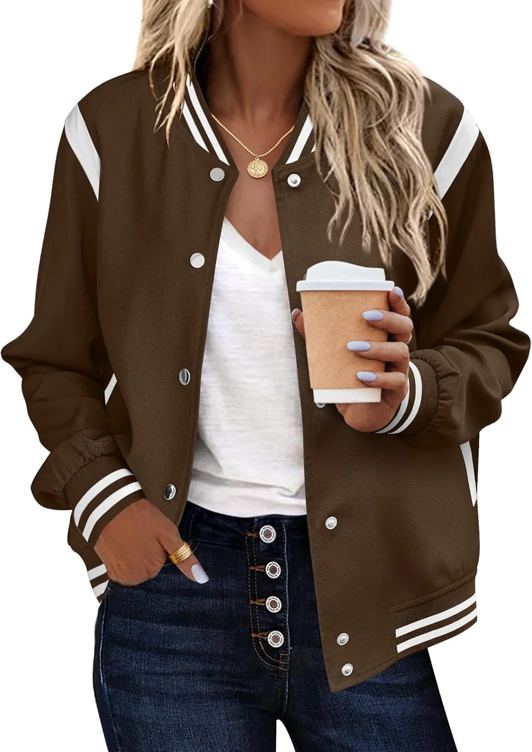 Zeagoo Women's Bomber Jacket Casual Striped Button Down Coat