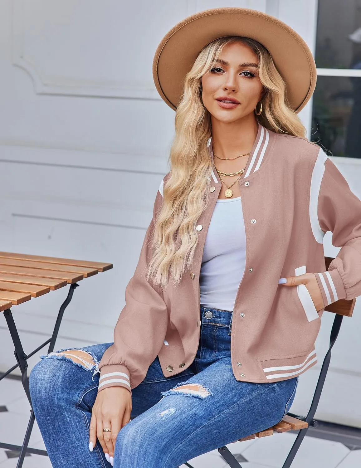 Zeagoo Women's Bomber Jacket Casual Striped Button Down Coat