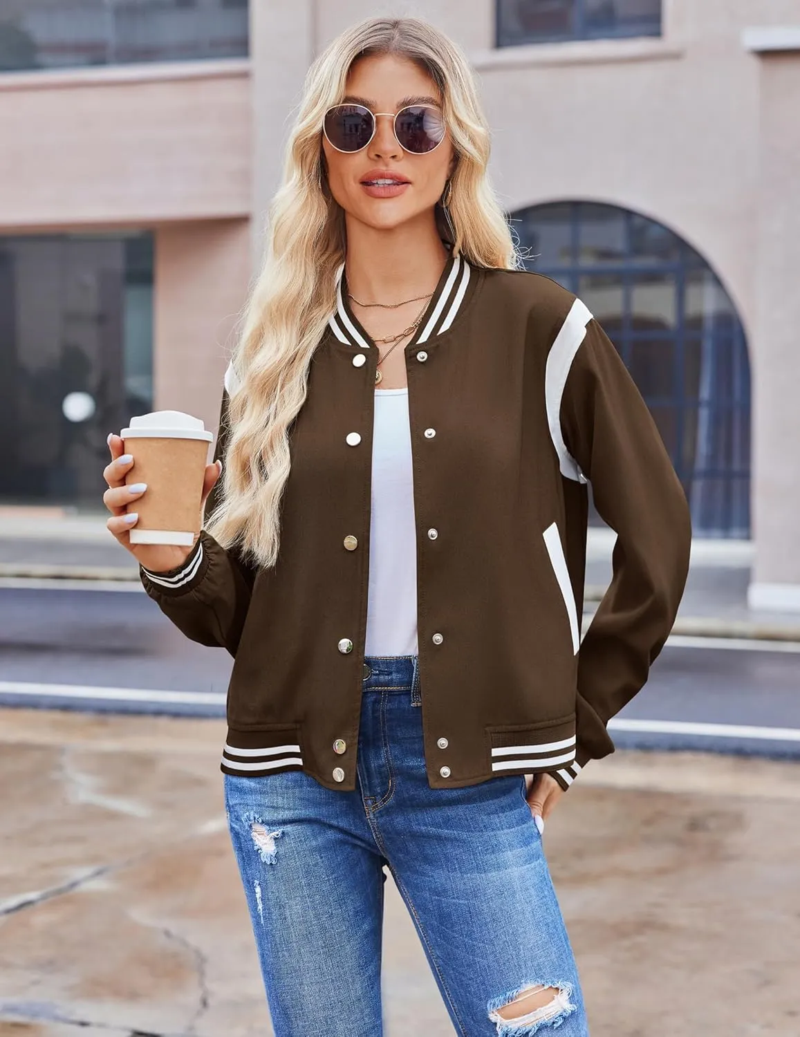 Zeagoo Women's Bomber Jacket Casual Striped Button Down Coat