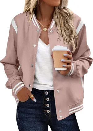 Zeagoo Women's Bomber Jacket Casual Striped Button Down Coat