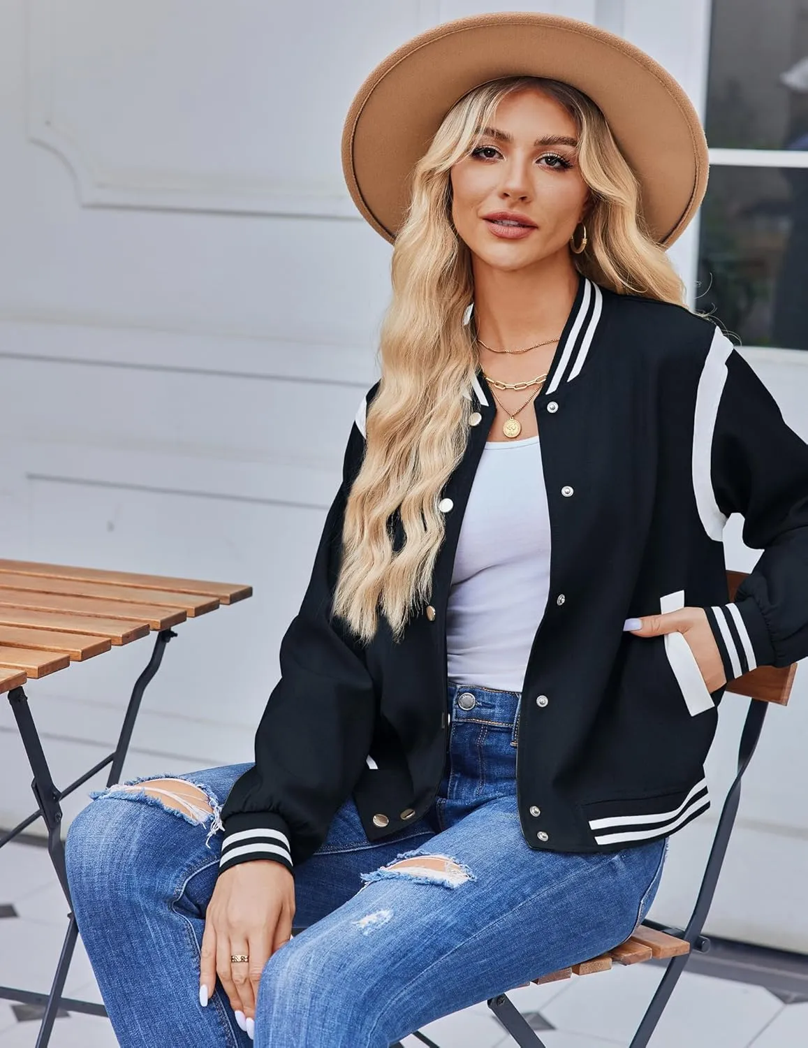 Zeagoo Women's Bomber Jacket Casual Striped Button Down Coat