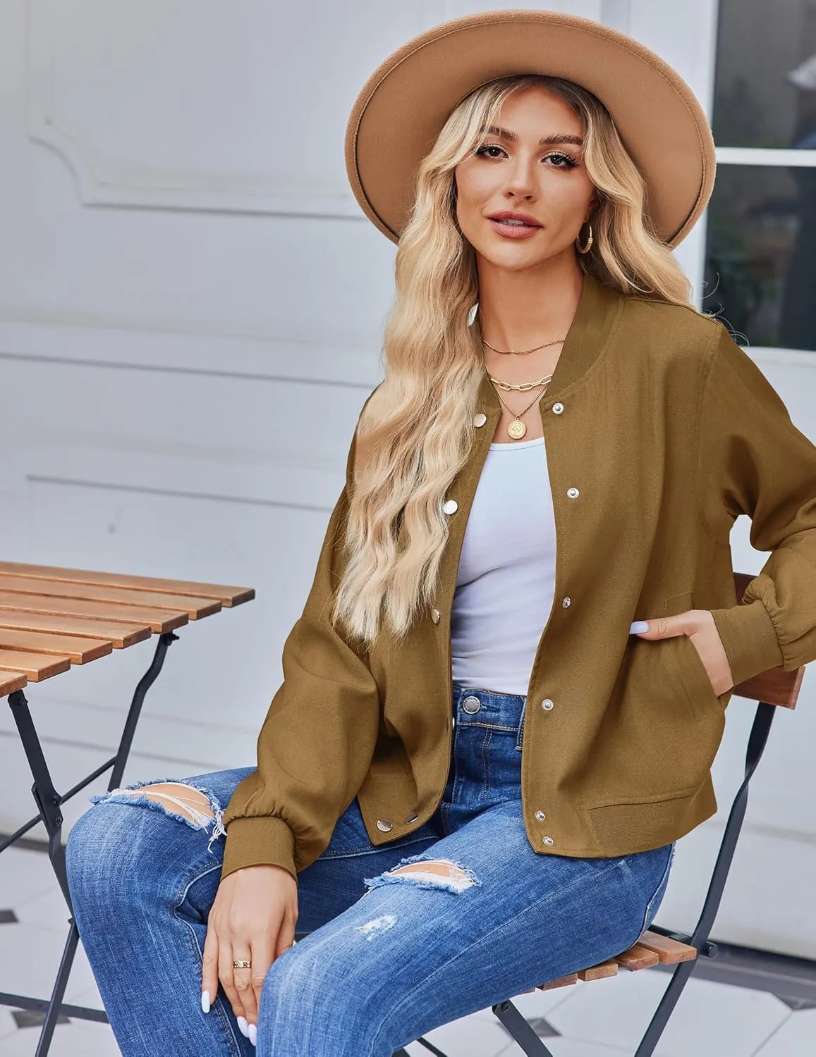 Zeagoo Women's Bomber Jacket Casual Striped Button Down Coat