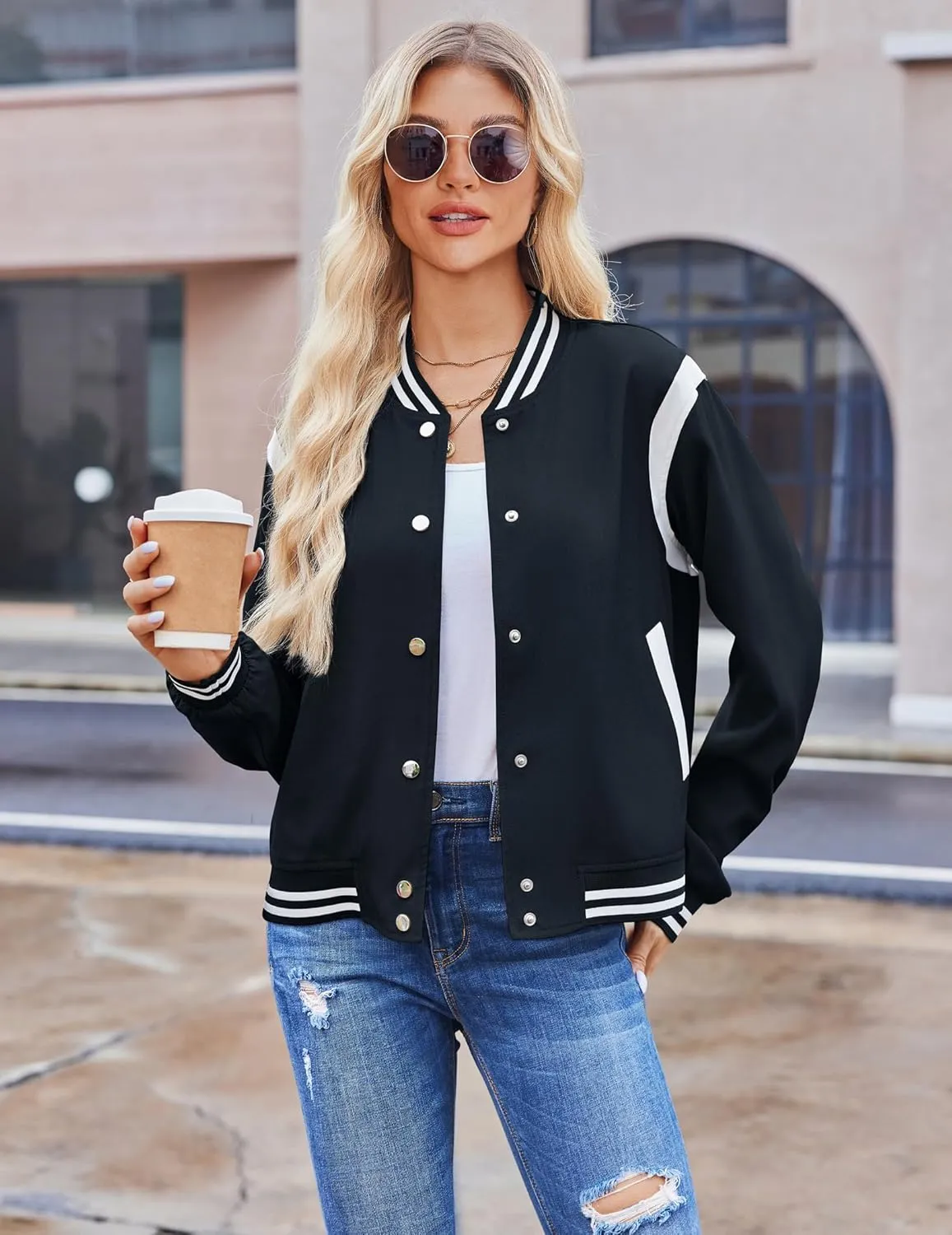 Zeagoo Women's Bomber Jacket Casual Striped Button Down Coat