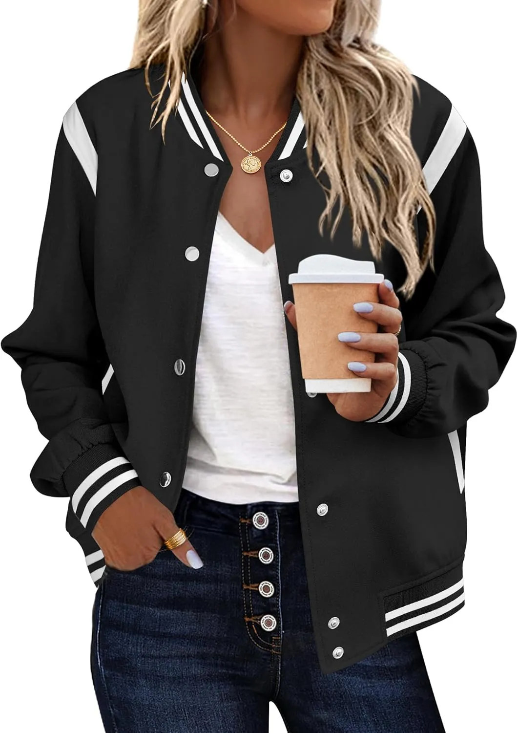 Zeagoo Women's Bomber Jacket Casual Striped Button Down Coat
