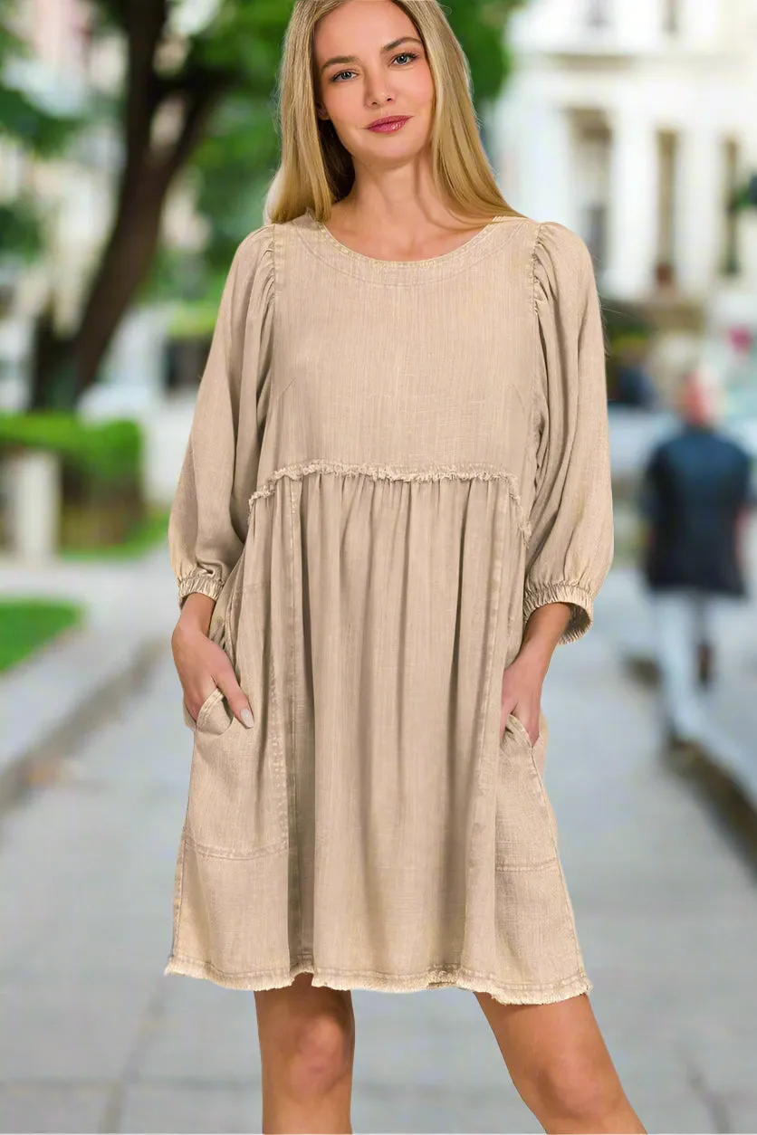 Zenana Washed Linen Pleated Puff Sleeve Babydoll Dress